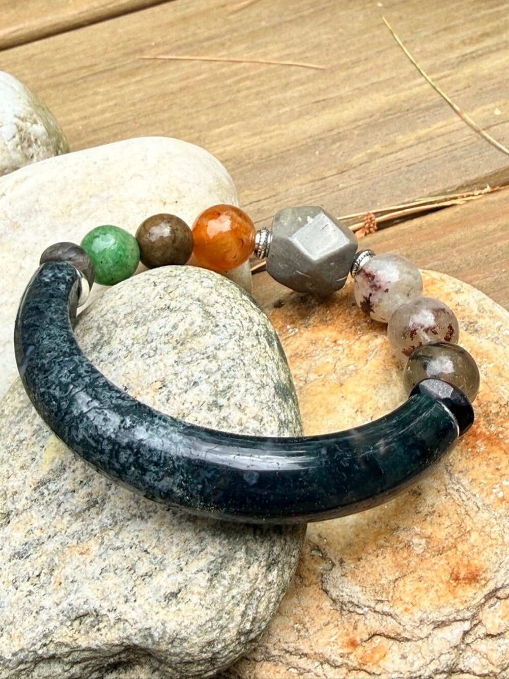 Forest Within Stone | Moss Agate Half Bangle Bracelet | OOAK Handmade Jewelry